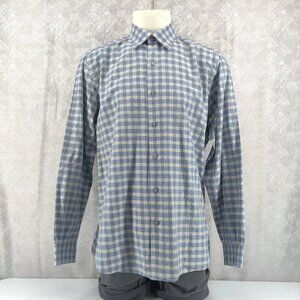 Ermenegildo Zegna Shirt‎ XL Blue Gray Plaid Check Button Down Long Sleeve Cotton